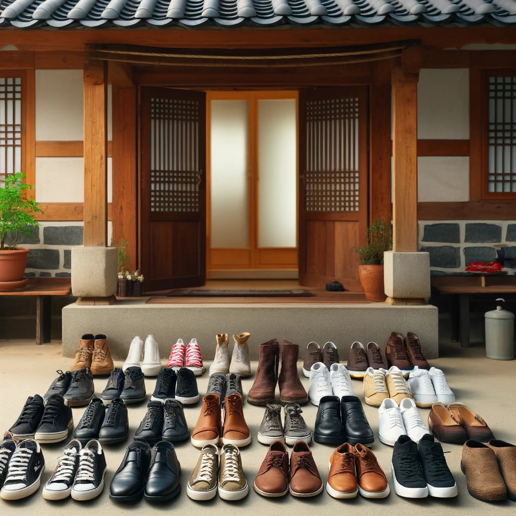 Eine Reihe von Schuhen ordentlich vor der Tür eines traditionellen koreanischen Hauses angeordnet, darunter sowohl moderne als auch traditionelle koreanische Schuhe, die die Praxis des Schuhe-Ausziehens illustrieren.