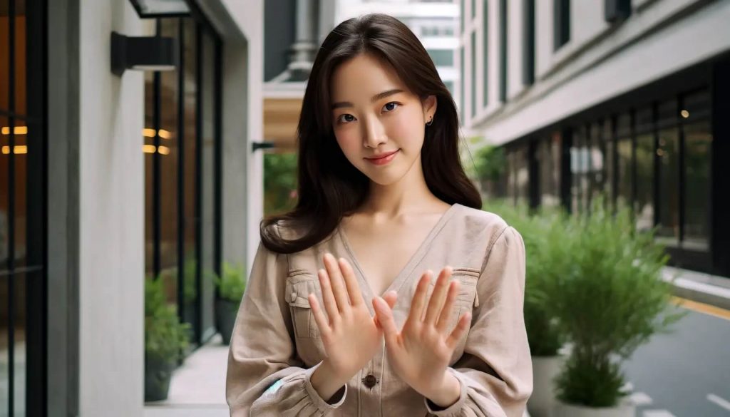 Dieses Bild fängt eine junge koreanische Frau vor einer modernen urbanen Kulisse ein, die mit einer freundlichen Miene und einer subtilen Geste mit beiden Händen sanft "nein" sagt. Die Szene kombiniert sanftes städtisches Design mit Elementen der Natur, wodurch eine entspannte und doch dynamische Atmosphäre entsteht. Ihr Ausdruck und ihre Gestik sind bedacht und deutlich, was ihre Botschaft mit Eleganz und Klarheit vermittelt. Sie ist in lässiger, naturtoniger Kleidung gekleidet, die perfekt in die entspannte urbane Umgebung passt. Dieses Bild illustriert nicht nur die ästhetische Harmonie zwischen Mensch und Metropole, sondern hebt auch die feinen Nuancen der koreanischen Kommunikationsweise hervor.