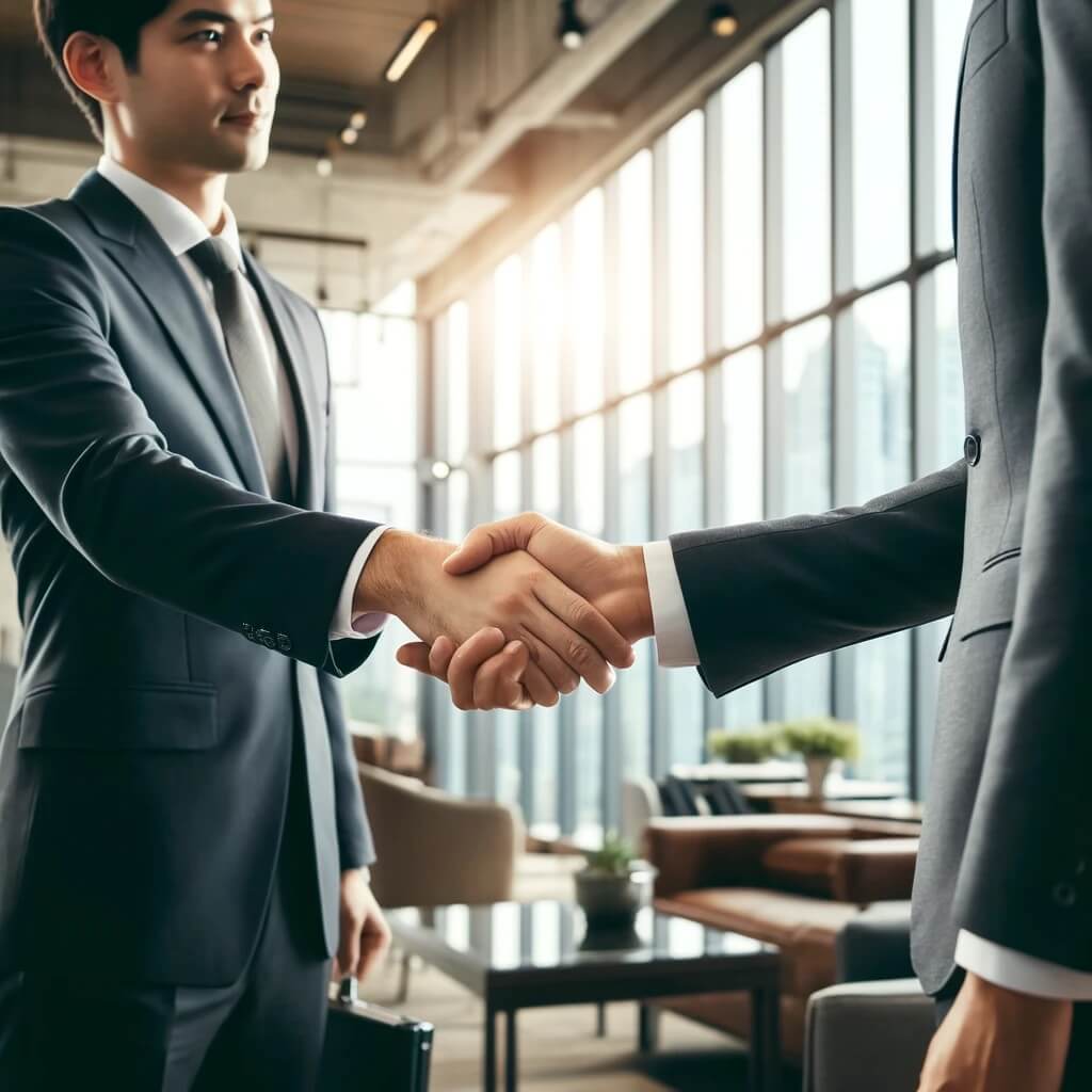 Zwei Geschäftsleute führen eine klassische westliche Begrüßung per Handschlag in einem eleganten Büro durch.