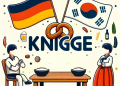 Eine Breitbild-Illustration, in der das Wort 'Knigge' prominent in der Mitte platziert ist, mit einer Figur, die links vom Text ein deutsches Fußballtrikot trägt. Das Fußballtrikot ist in den klassischen weiß-schwarzen Farben der deutschen Nationalmannschaft gestaltet. Rechts vom Text steht eine koreanische Frau, die ein klassisches koreanisches Hanbok trägt. Der Hintergrund der Szene enthält stereotypische Elemente aus der deutschen und der koreanischen Essenskultur.