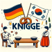 Eine Breitbild-Illustration, in der das Wort 'Knigge' prominent in der Mitte platziert ist, mit einer Figur, die links vom Text ein deutsches Fußballtrikot trägt. Das Fußballtrikot ist in den klassischen weiß-schwarzen Farben der deutschen Nationalmannschaft gestaltet. Rechts vom Text steht eine koreanische Frau, die ein klassisches koreanisches Hanbok trägt. Der Hintergrund der Szene enthält stereotypische Elemente aus der deutschen und der koreanischen Essenskultur.