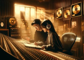 Ein asiatischer Produzent und eine asiatische Songwriterin arbeiten gemeinsam an einem Mischpult in einem Aufnahmestudio, das von warmem Licht erfüllt ist, mit Postern von Blackpink im Hintergrund.