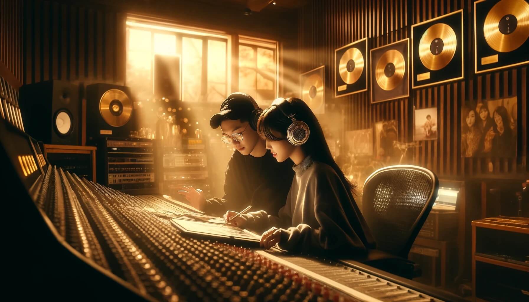 Ein asiatischer Produzent und eine asiatische Songwriterin arbeiten gemeinsam an einem Mischpult in einem Aufnahmestudio, das von warmem Licht erfüllt ist, mit Postern von Blackpink im Hintergrund.